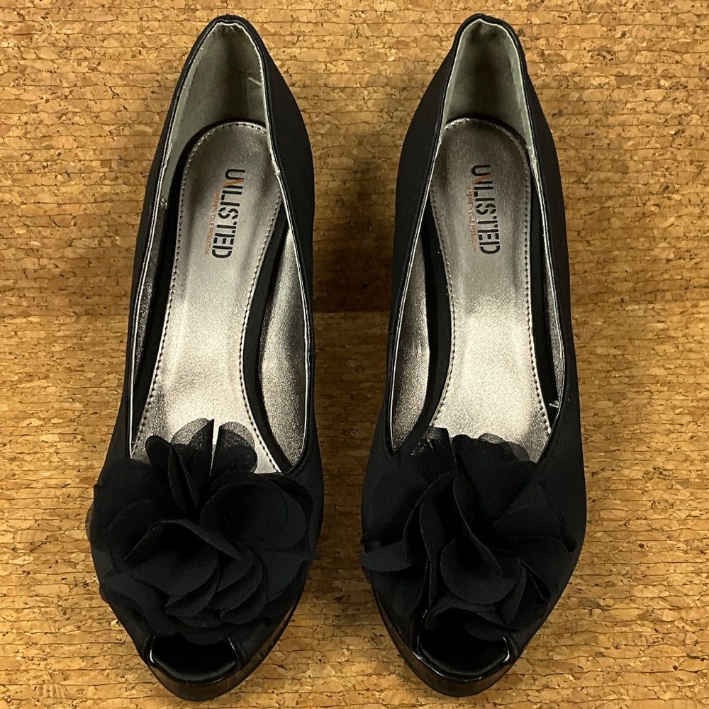 Unlisted Black Satin Peep Toe Heels Floral Platform Pumps Women’s Size 11